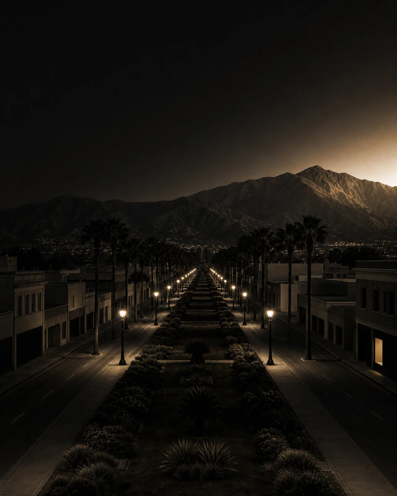 Euclid Avenue's landscaped double boulevard and palm rows lead north toward the San Gabriel Mountains at dusk.