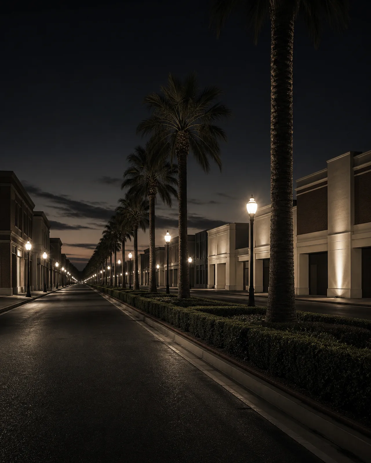 Ontario's historic Euclid Avenue runs beside a broad landscaped median, palms, and low storefronts at dusk.