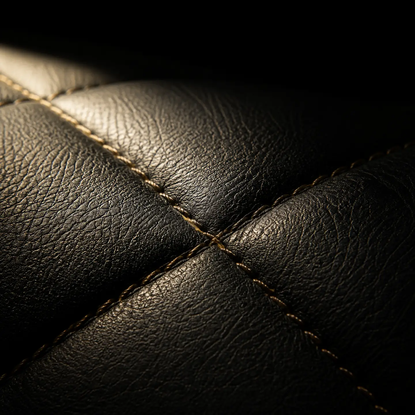 A close-up of black quilted leather with gold-toned stitching converging at a diamond seam.