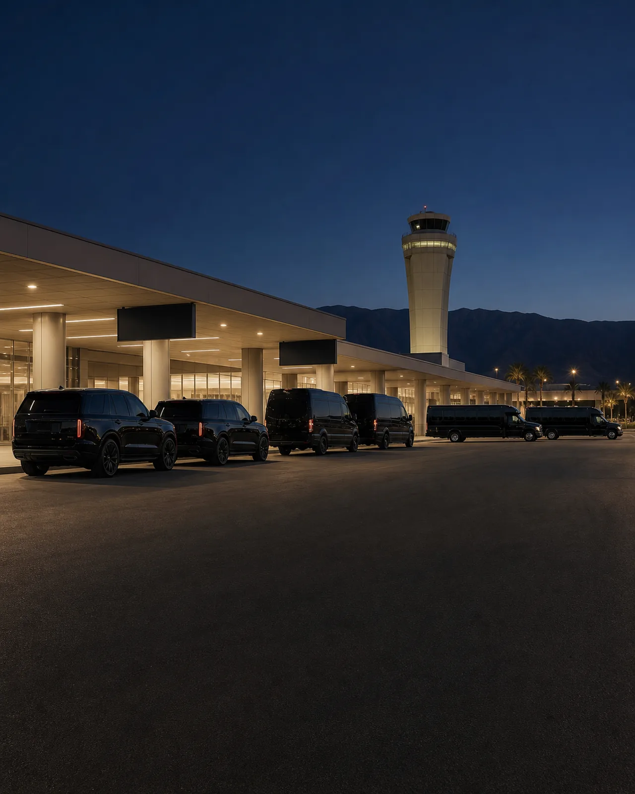 Six unbranded near-black vehicles—two SUVs, two high-roof vans, and two short-hood luxury mini-coaches—line the curb at Ontario International Airport.