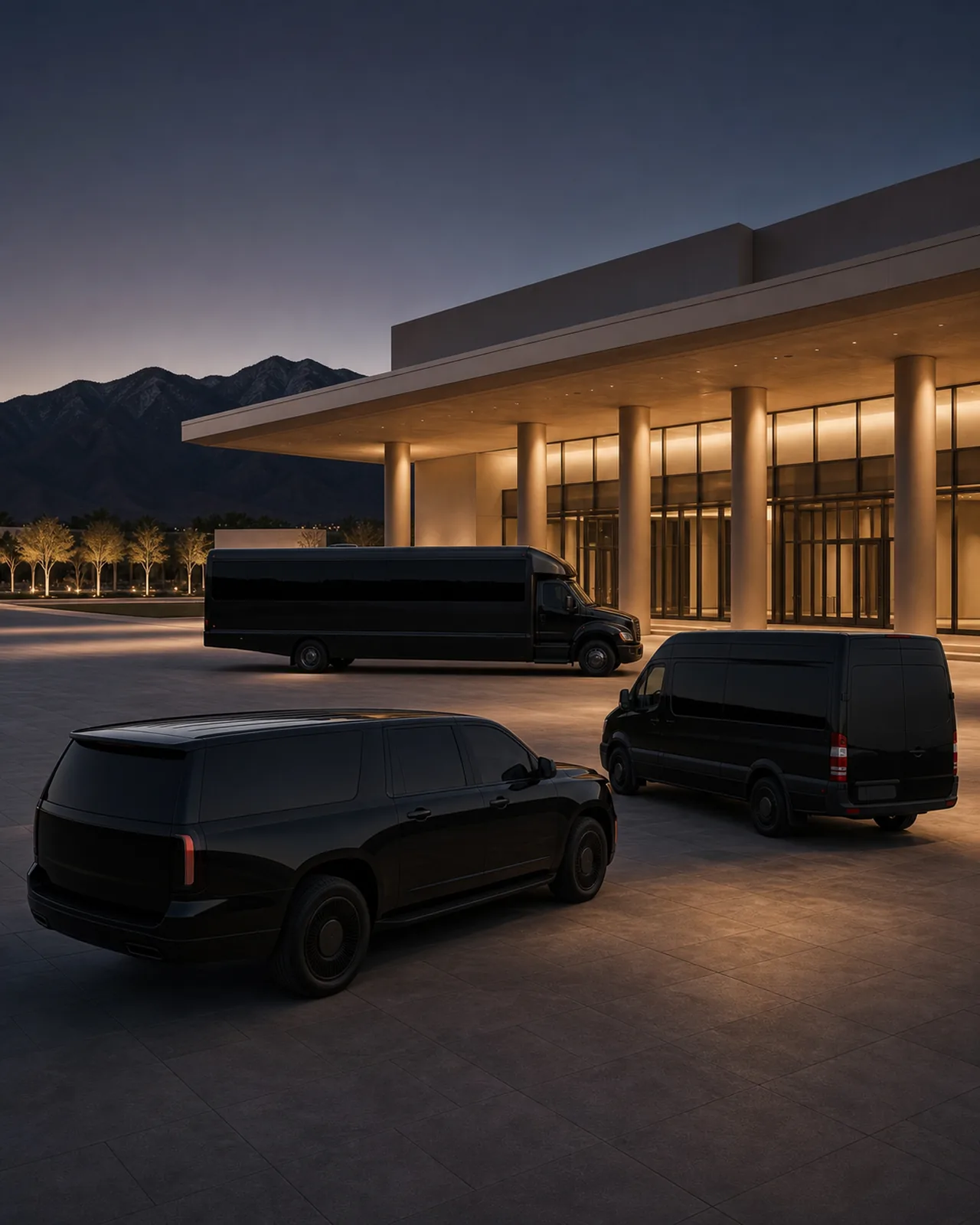 Three unbranded near-black vehicles—an SUV, a high-roof van, and a short-hood luxury mini-coach—stand in a staggered formation at Ontario Convention Center.
