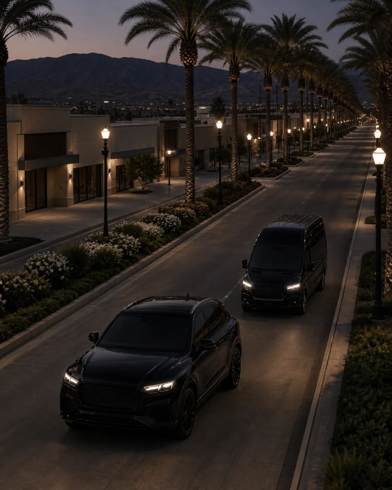 A near-black luxury SUV leads a high-roof passenger van along palm-lined Euclid Avenue in Ontario.