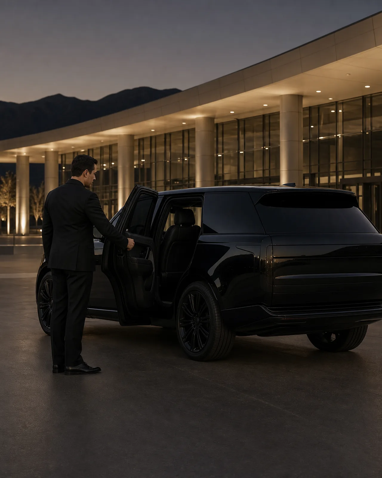 A chauffeur in a plain dark suit opens a near-black luxury SUV beside the sweeping entrance canopy of Ontario Convention Center.