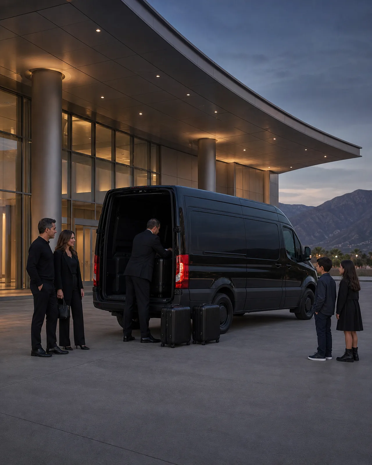 Two adults and two children watch a chauffeur load luggage into a near-black high-roof van at Ontario Convention Center.