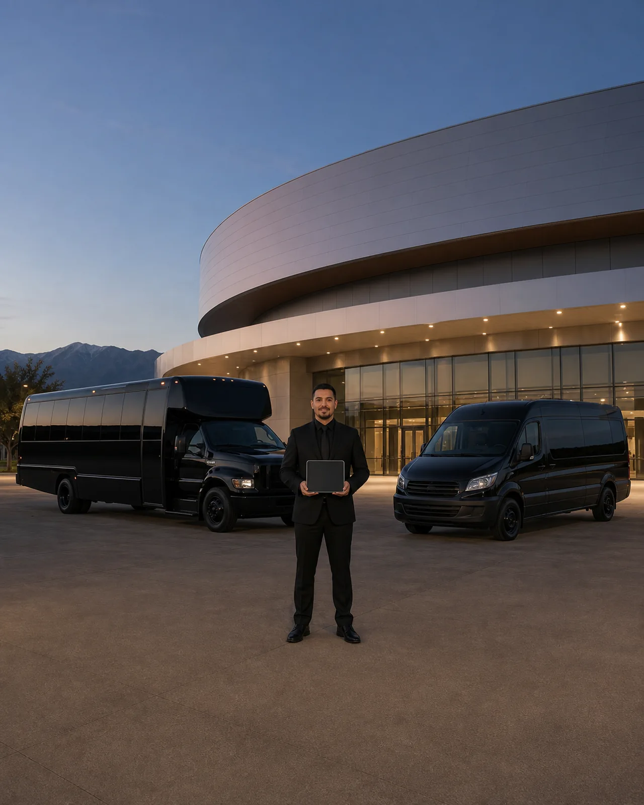 An operations coordinator holds an unmarked tablet between a short-hood luxury mini-coach and a high-roof van outside Toyota Arena in Ontario.