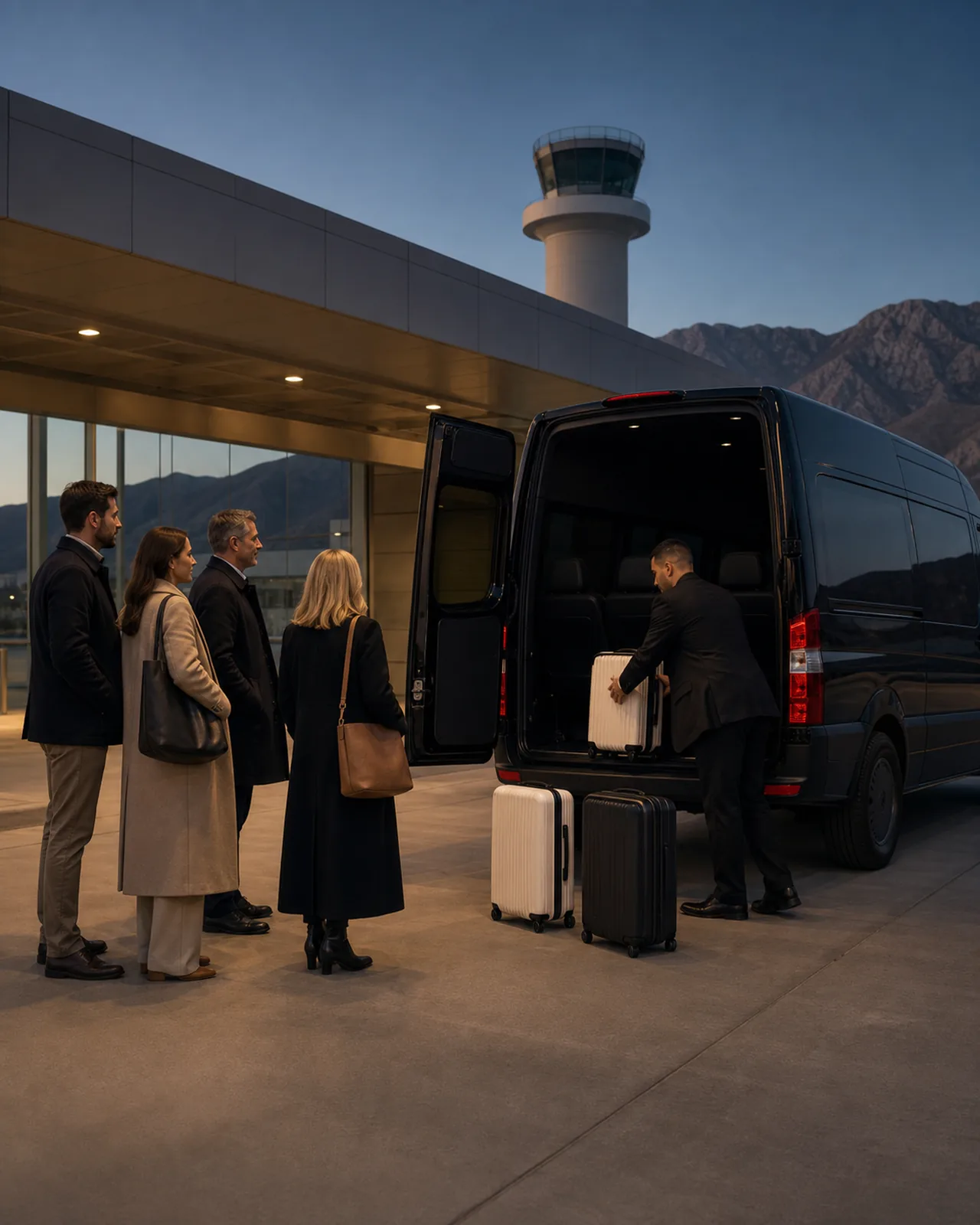 Four travelers wait while a chauffeur loads luggage into a near-black high-roof van at Ontario International Airport.