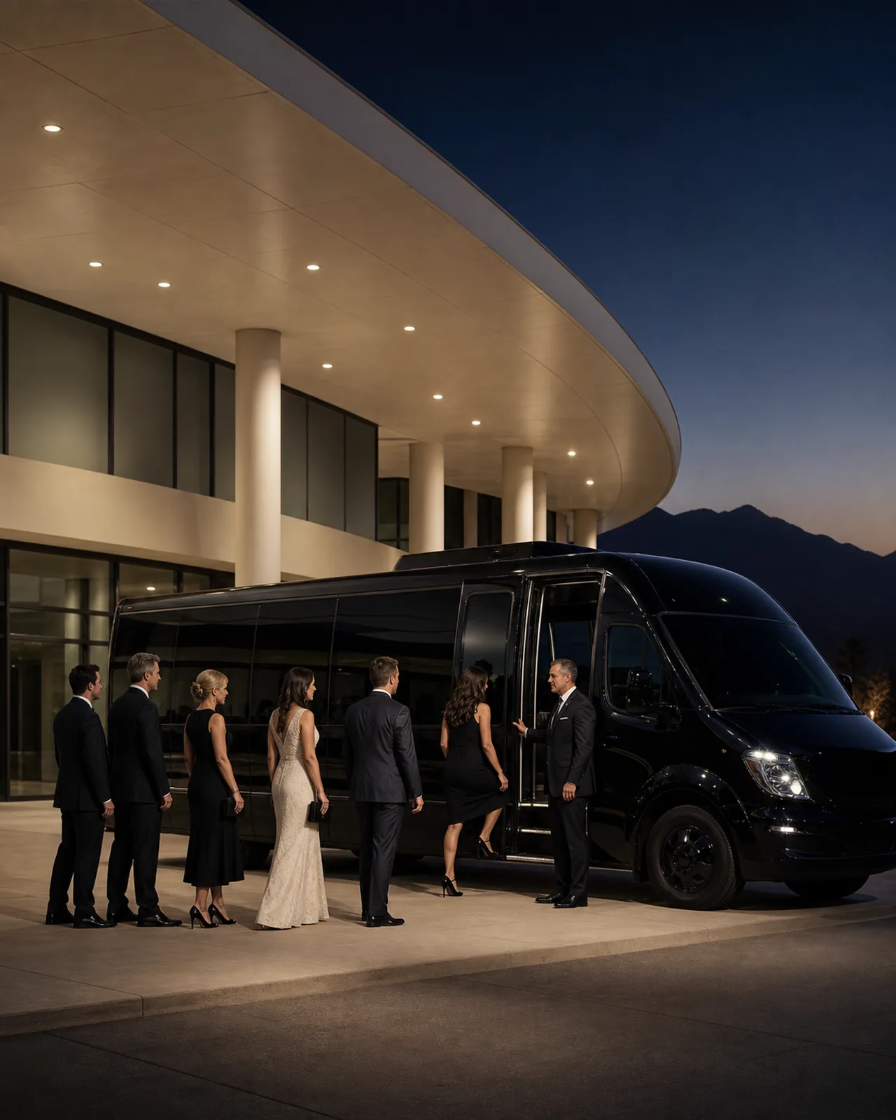 Six evening guests board a near-black luxury mini-coach beneath the sweeping canopy of Ontario Convention Center.