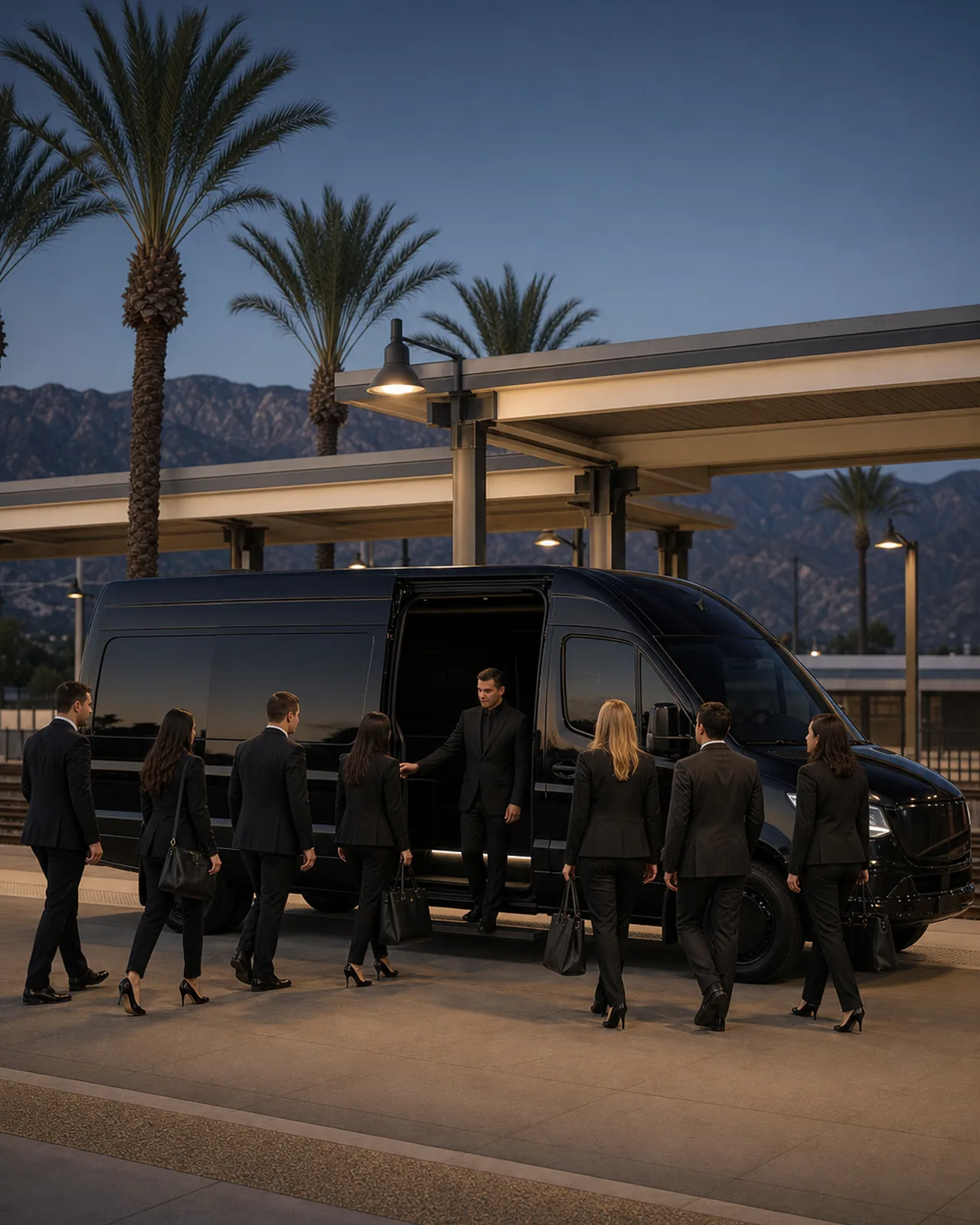 Eight commuters board a near-black high-roof shuttle beside the low platform canopies of Ontario's Metrolink station.