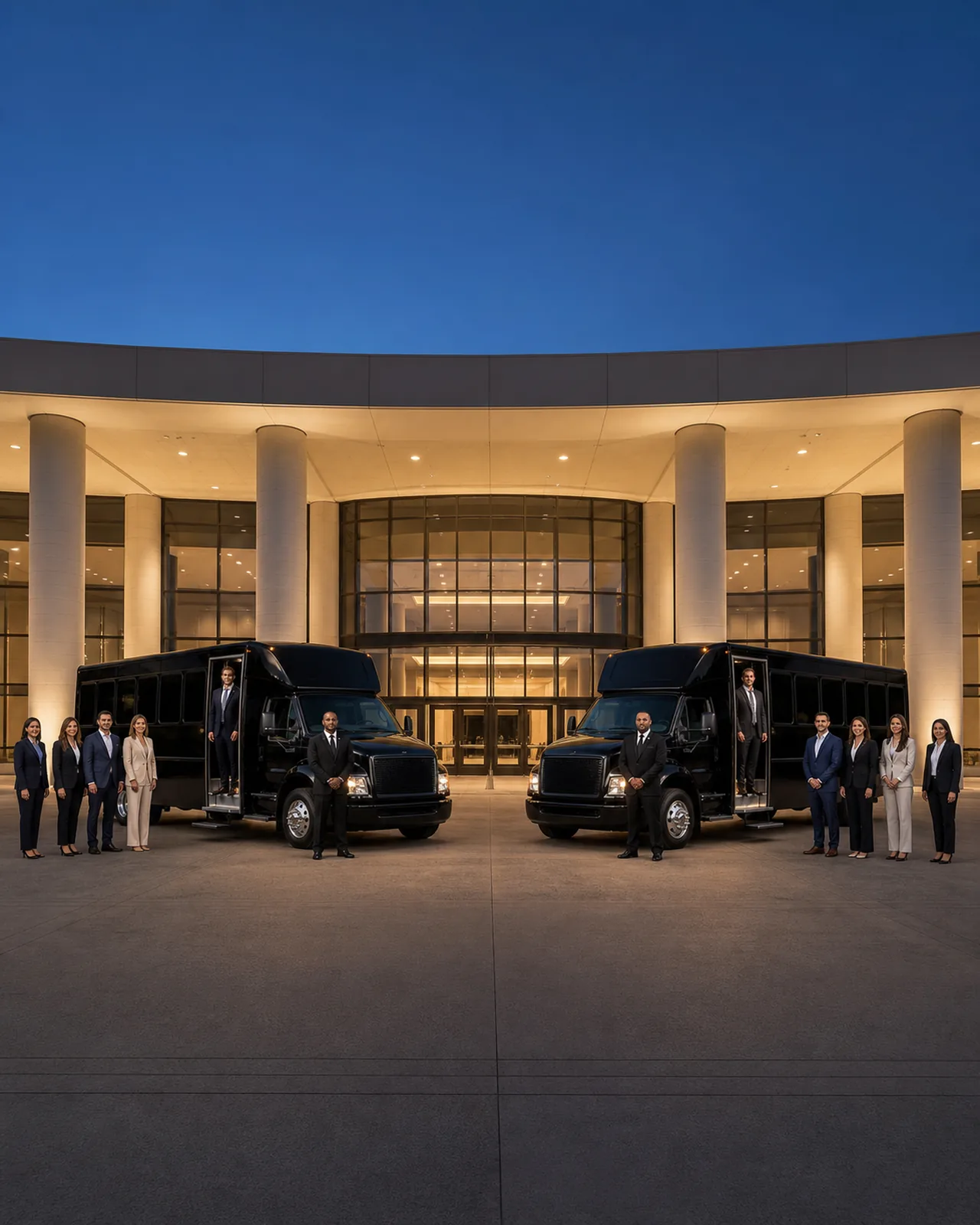 Ten conference attendees board two short-hood luxury mini-coaches outside Ontario Convention Center while two chauffeurs assist.