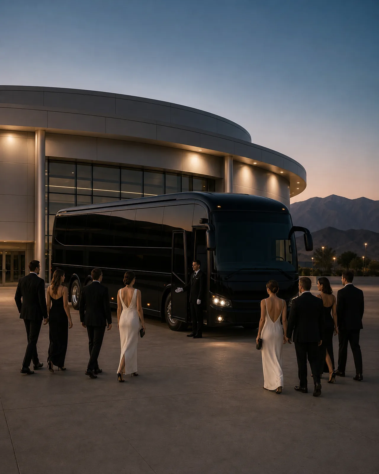 Eight formally dressed guests approach a near-black motorcoach outside the curved facade of Toyota Arena in Ontario.