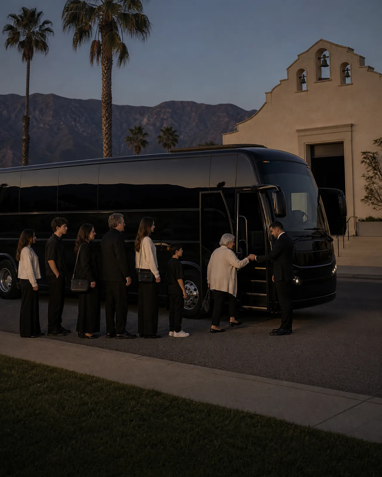 Seven passengers board a near-black motorcoach beside a historic church on palm-lined Euclid Avenue in Ontario.