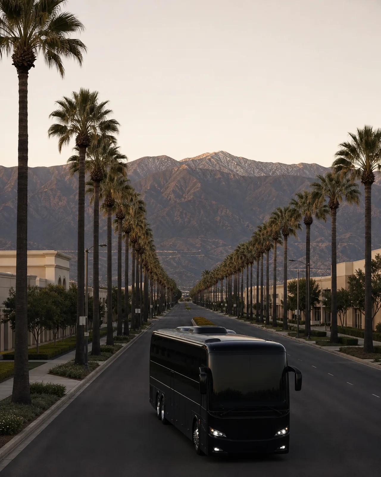 A near-black motorcoach travels along palm-lined Euclid Avenue in Ontario toward the San Gabriel Mountains.