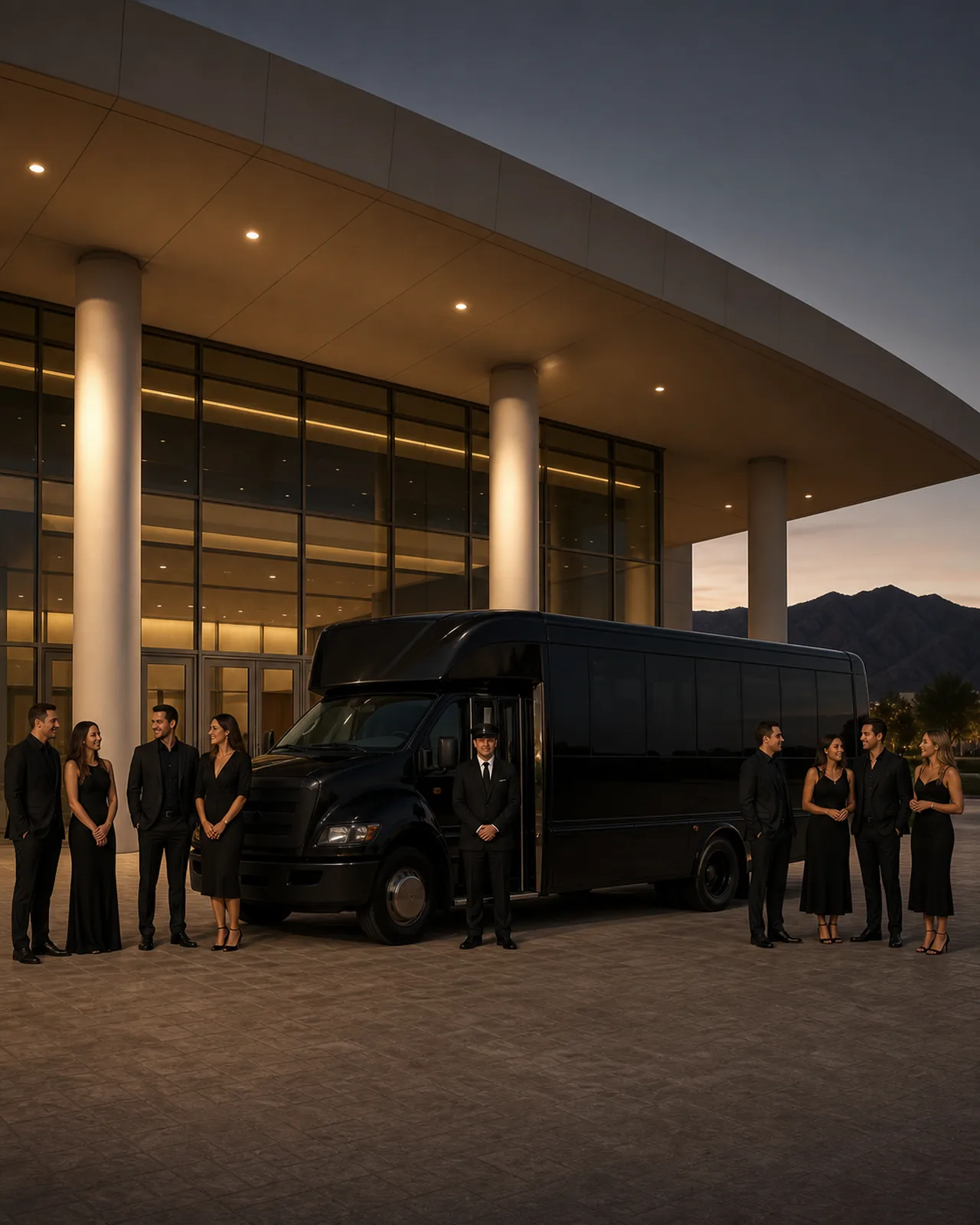 Eight travelers board a short-hood luxury mini-coach under the sweeping canopy of Ontario Convention Center.