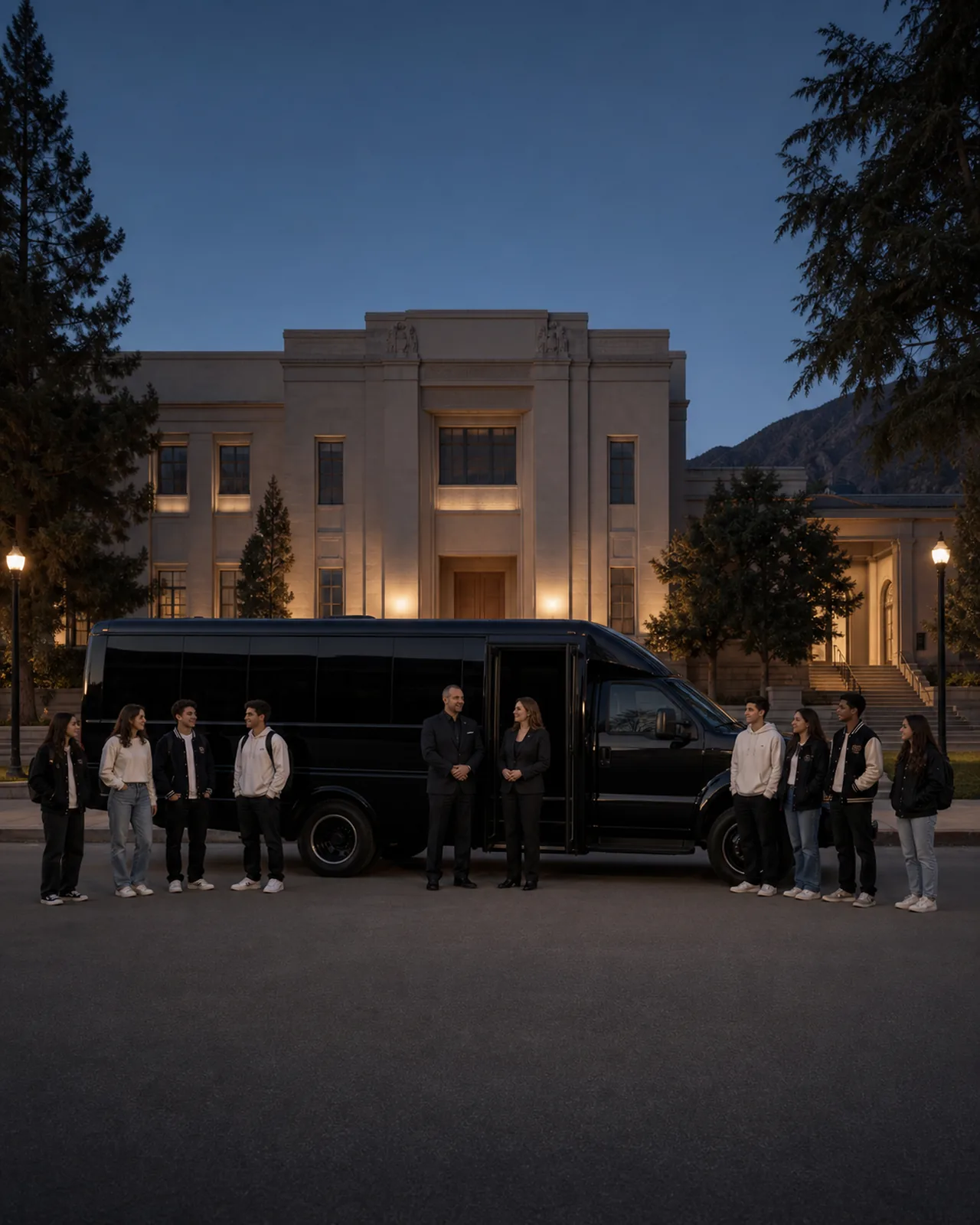 Eight students board a short-hood luxury mini-coach outside the historic Chaffey High School campus in Ontario while two staff assist.