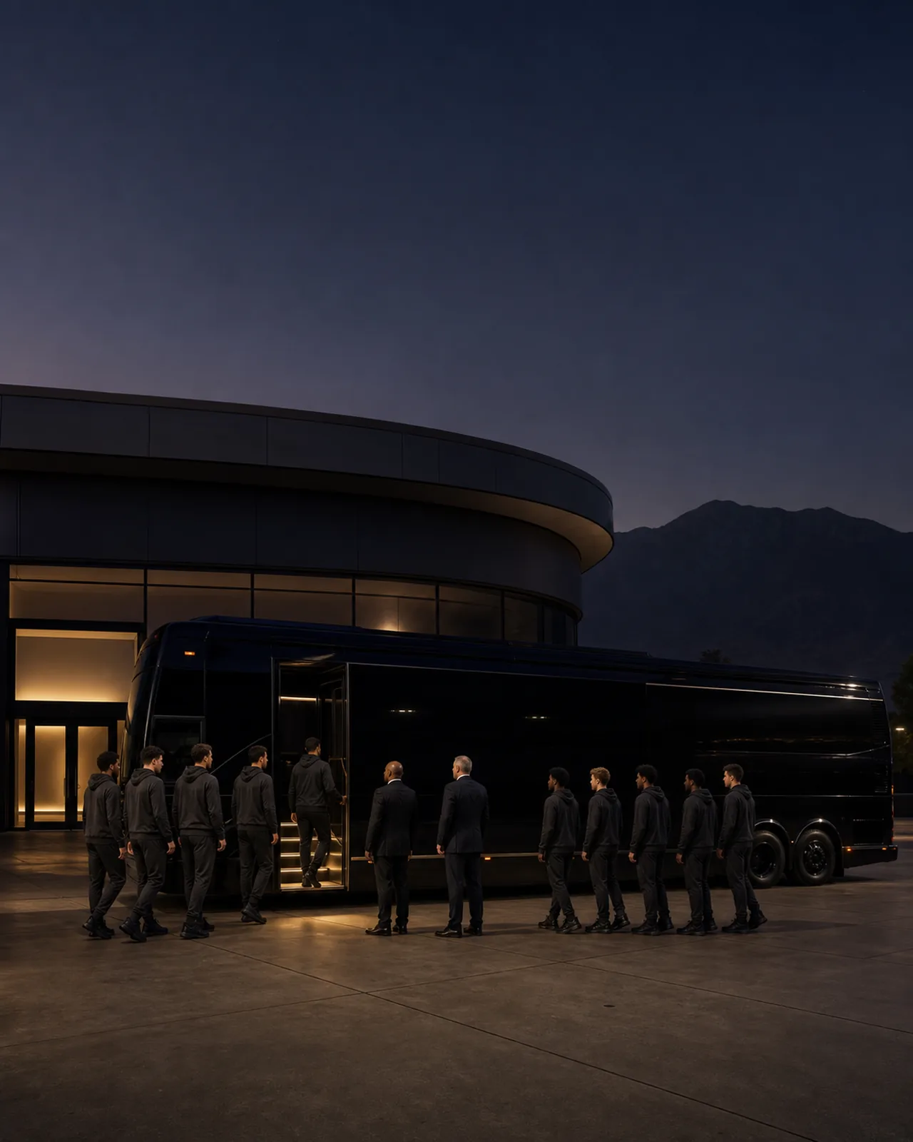 Ten athletes board a near-black motorcoach outside Toyota Arena in Ontario while two coaches wait at the door.