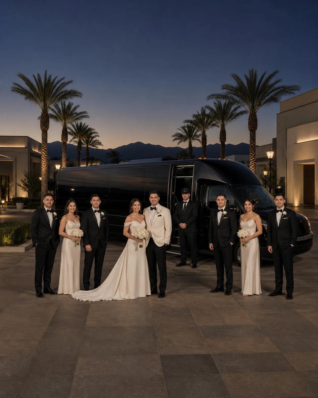 A newly married couple and six guests approach a near-black luxury mini-coach beside Ontario Town Square as a chauffeur holds the door.