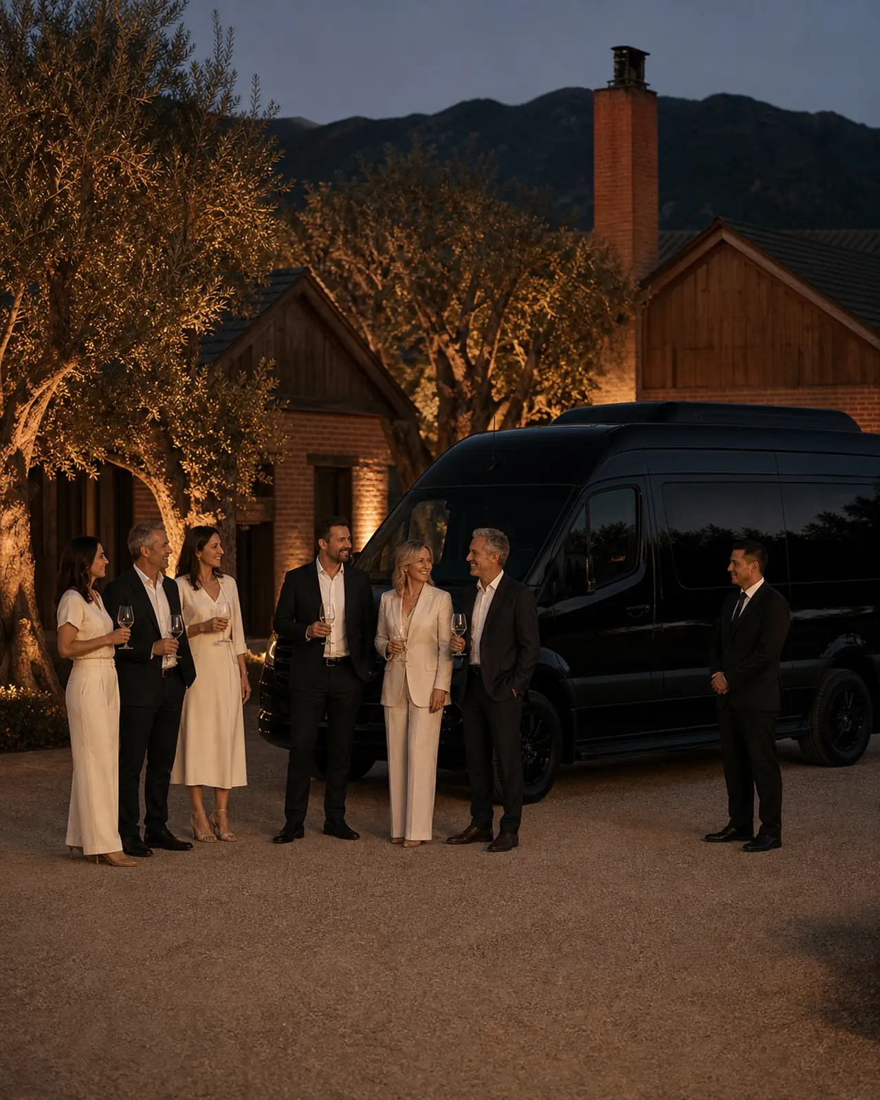 Six tour guests gather beside a near-black high-roof van among the olive trees and historic buildings of Graber Olive House in Ontario.